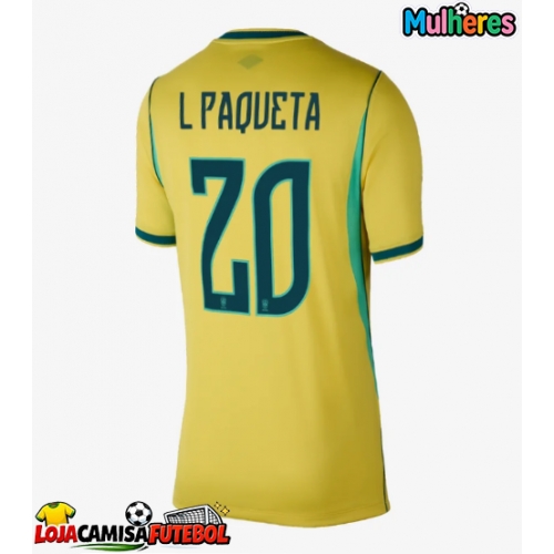 Camisa de Futebol Brasil Lucas Paqueta #20 Equipamento Principal Mulheres Mundo 2026 Manga Curta